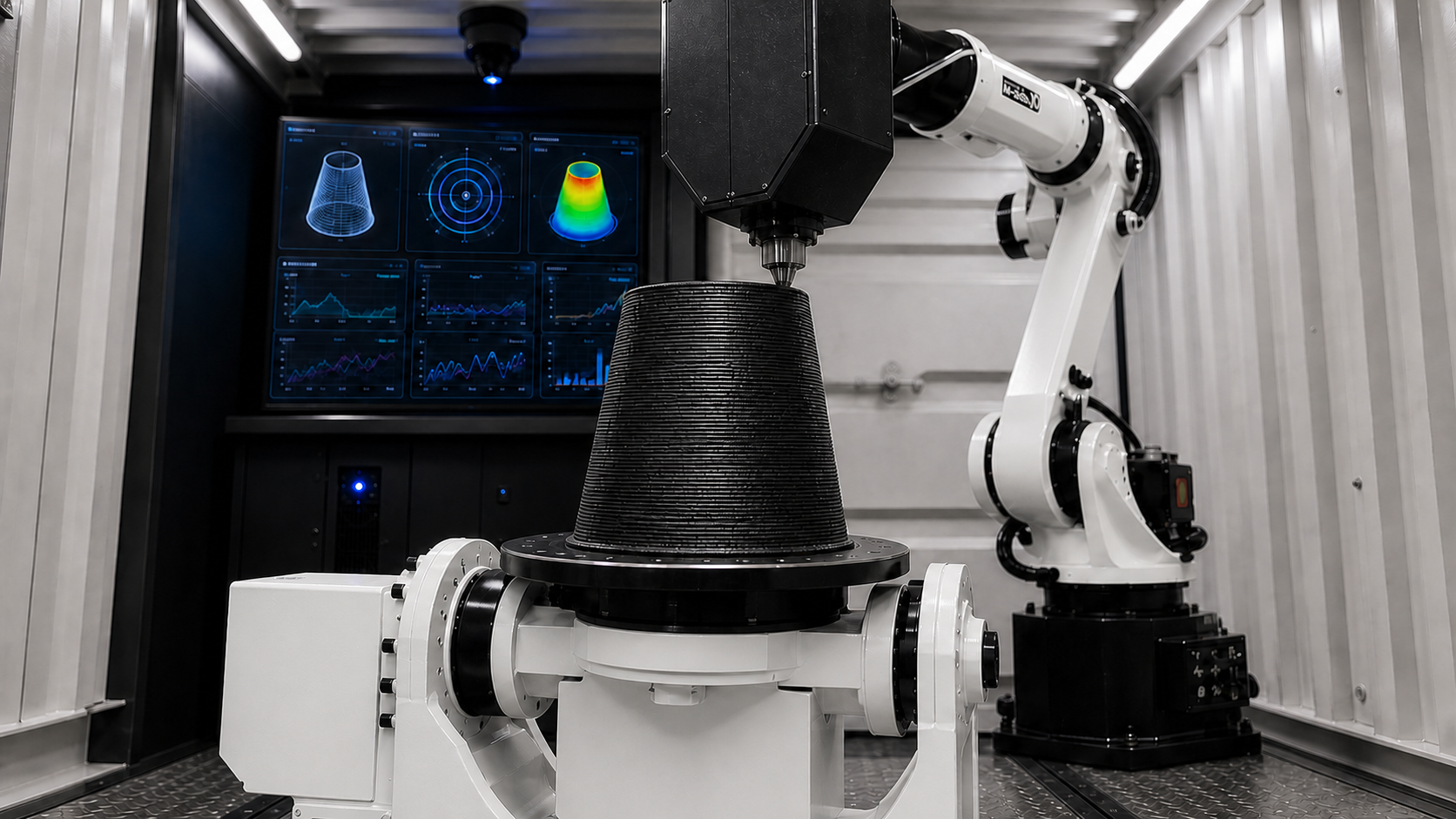 A FANUC robot deposits composite material onto a conical solid rocket motor insulation preform inside a compact, instrumented manufacturing cell.