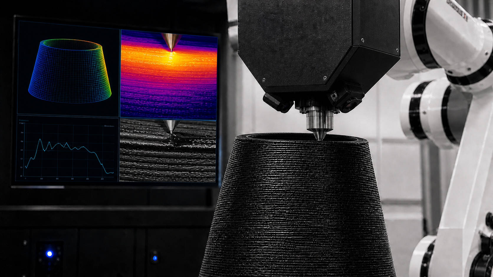 Two thermal cameras integrated into the deposition shroud observe the active composite bead while a monitor displays geometry, thermal feedback, and a live RGB view.